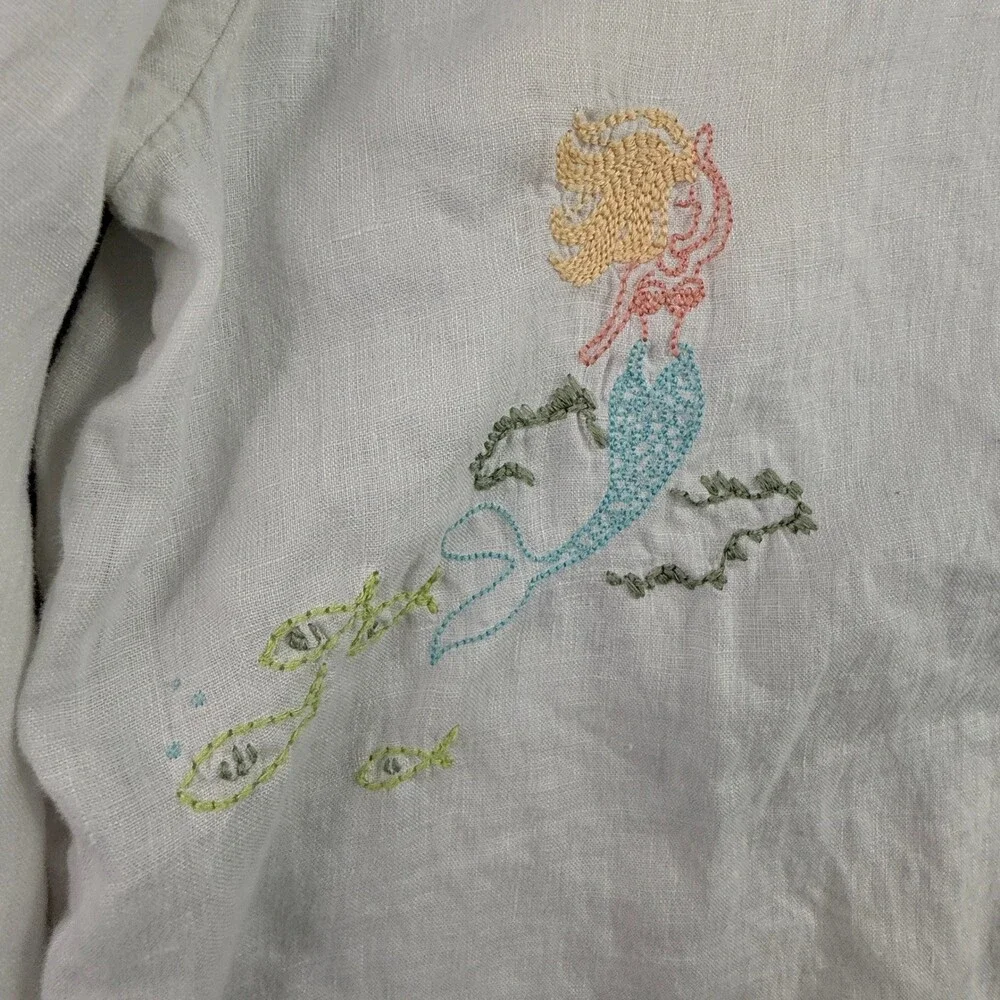 Spartina 449 Shirt Womens XL White Linen Embroidered Mermaid Coastal Button Up - Picture 3 of 14